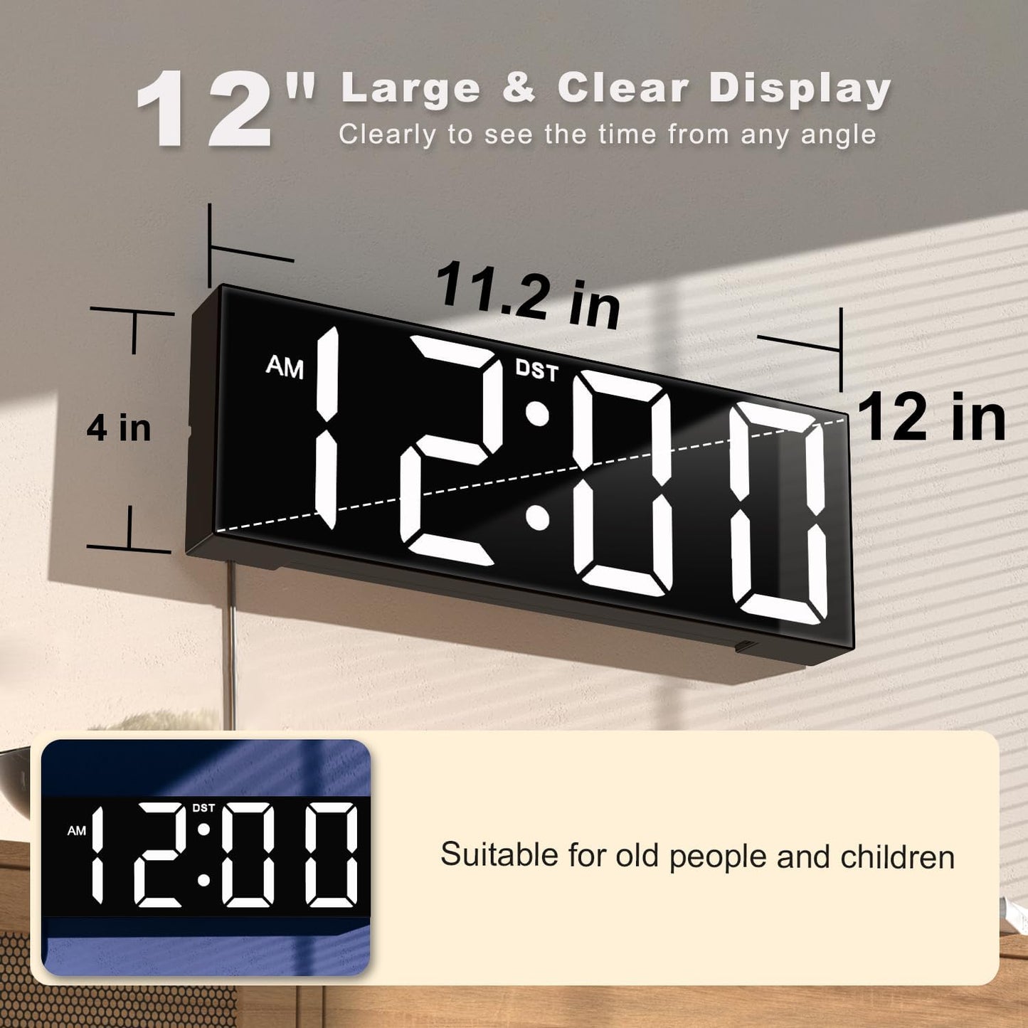 JALL 12'' Large Digital Wall Clock, Big LED Number Dispaly, RGB Colors, DST, Night Light for Classroom Living Room Bedroom Mounted Birthday Xmas Gift for Senior, Mem Womem (White Font, 12 inches)