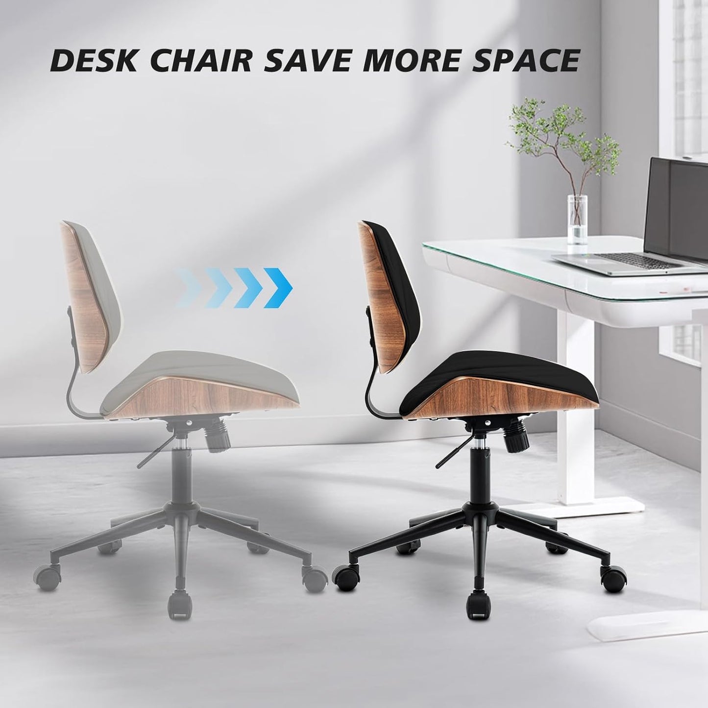 Armless Desk Chair with 360°Swivel Wheels, Ergonomic Adjustable Height Computer Chair for Home Office,PU Leather with Modern Walnut Drafting Chairs for Office, Reading Nook(Black)