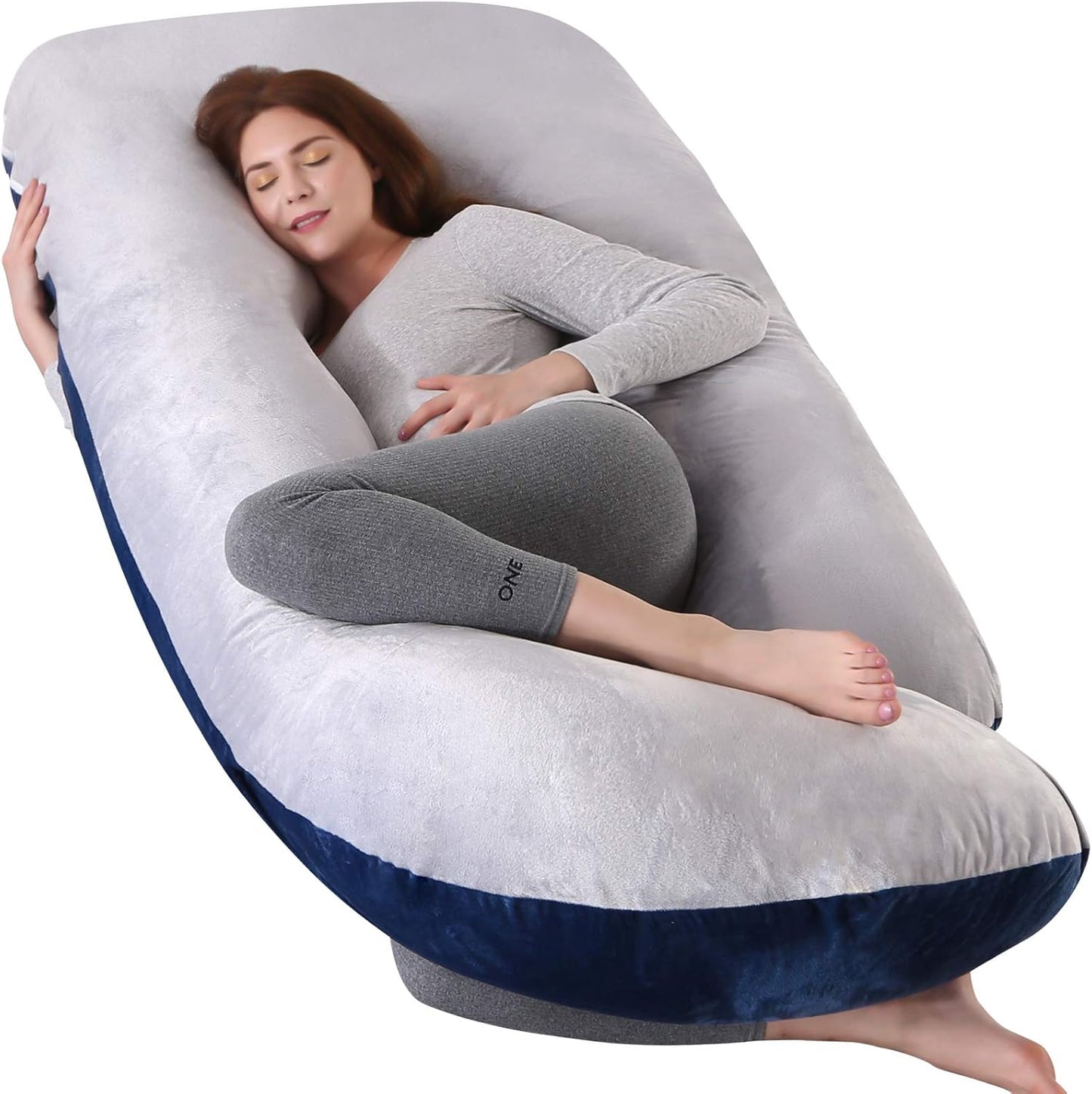 Elover Pregnancy Must Haves Pregnancy Pillow U-Shaped Full Body Maternity Support Pillow for Pregnant Women with Replaceable and Washable Velvet Cover Size 57" (Blue-Grey, Velvet)