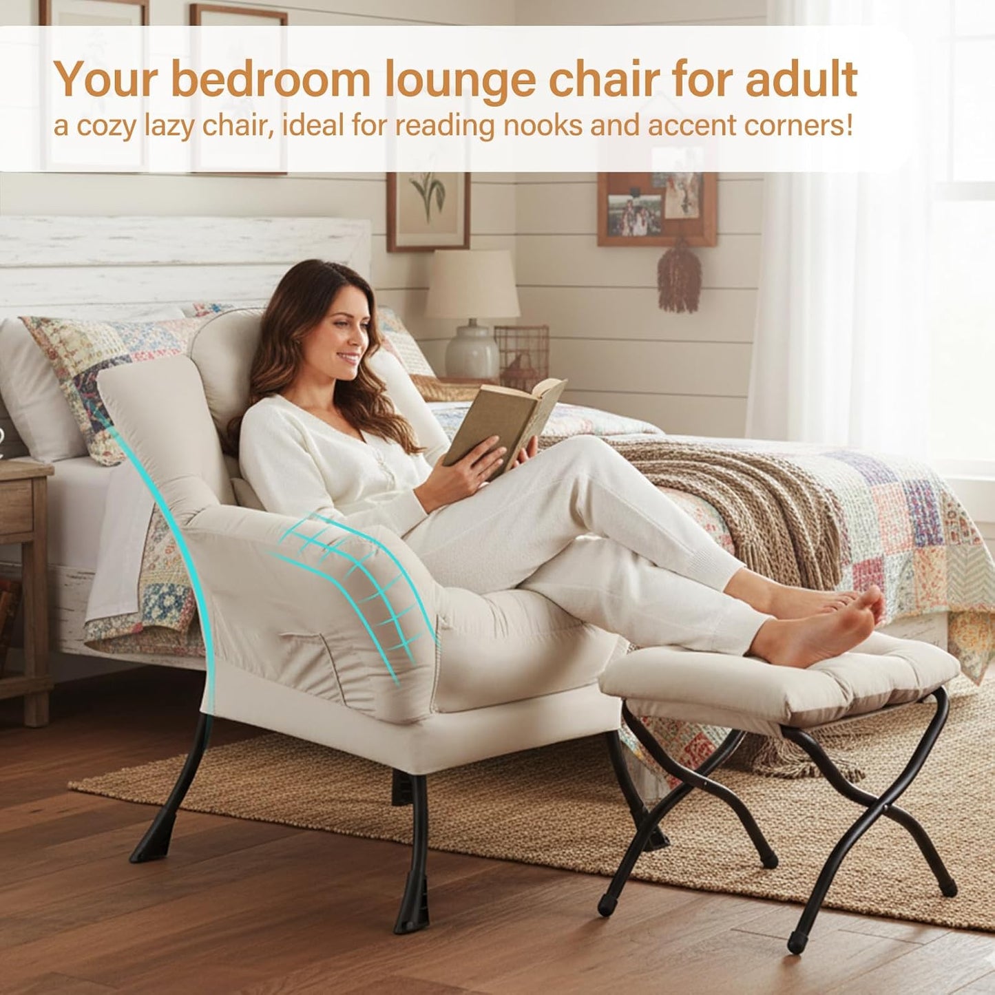 Lazy Chair with Ottoman, Modern Accent Chair with Lumbar Pillow, Velvet Beige Sofa, Armchairs with Folding Footrest, Oversized Supportive Chairs for Bedroom, Reading
