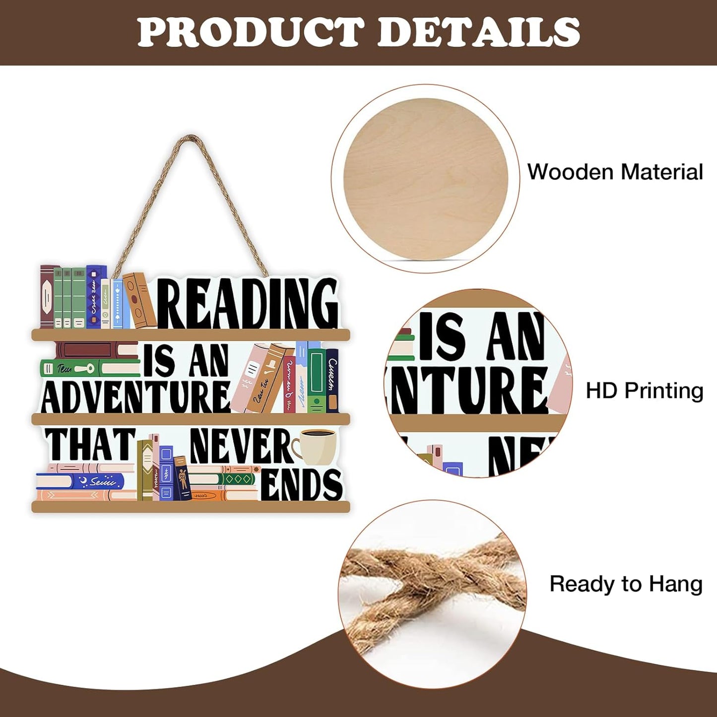 Reading is an Adventure That Never End Front Door Sign, Inspirational Reading Corner Wooden Hanger School Classroom Library Home Decor, Wreath Indoor Wall Hanging Decoration Book Lovers Gift