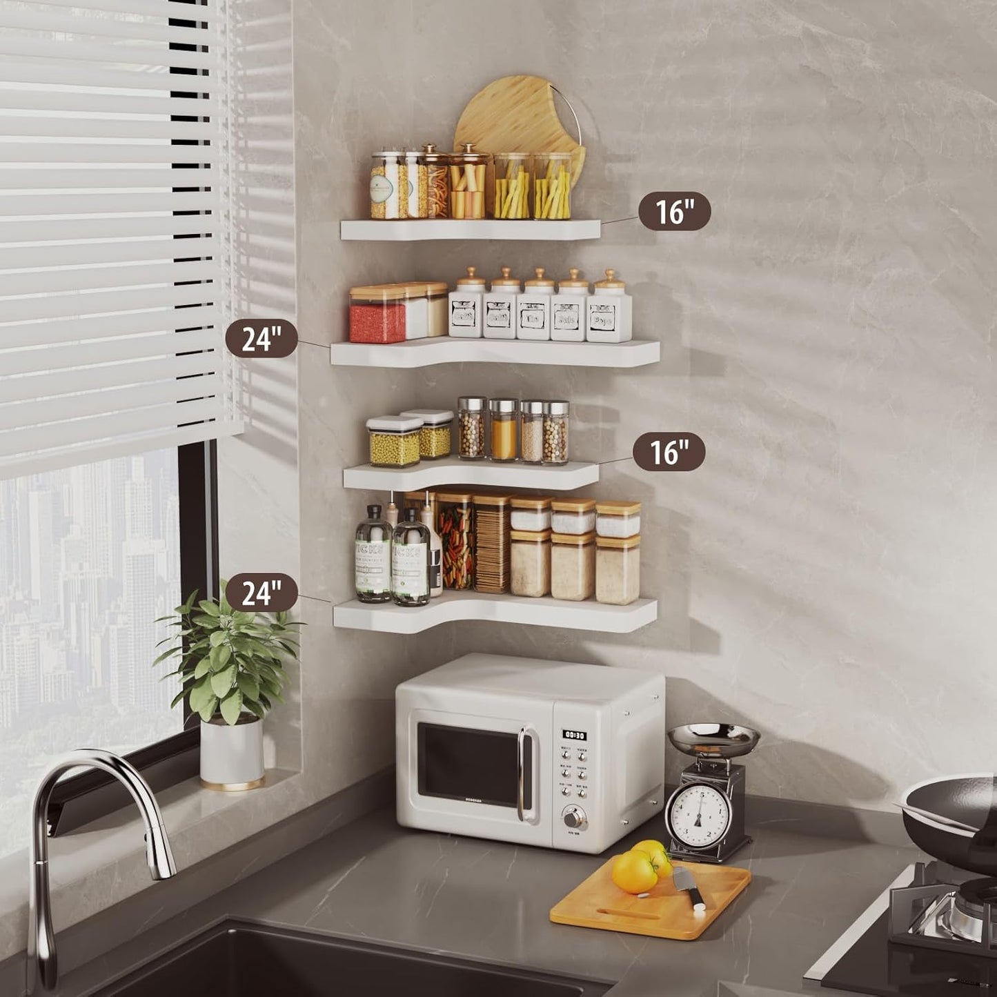 SAUMONIERES Corner Floating Shelves Wall Mount Shelf Solid Wood for Bedroom Bathroom Room Kitchen Storage Set of 3, White, Invisible Brackets