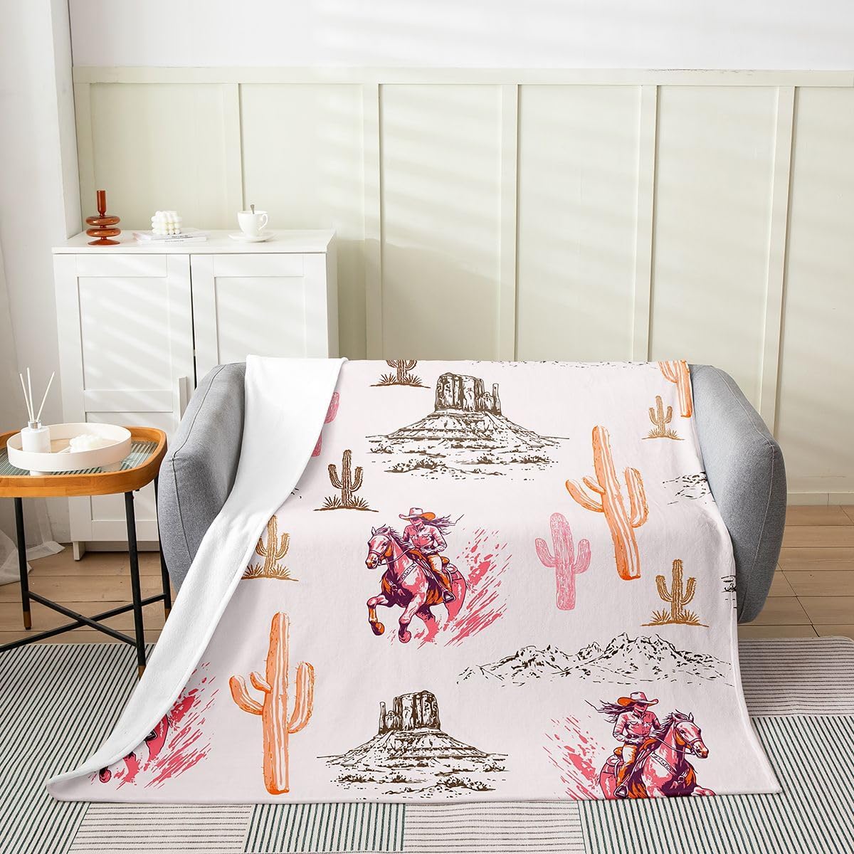 Feelyou Western Cowboy Flannel Fleece Throw Blanket Desert Pattern 40"x50" Western Aesthetic Fleece Throw Blanket for Kids Women Men Vintage Cowboy for Bed Couch Chair Living Room Bedroom Decor