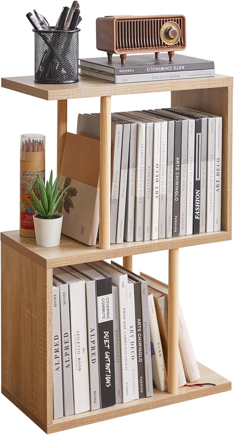 Narrow Side Table, S-Shaped Slim End Table Geometric Bookshelf, with Open Storage, for Small Space, Living Room, Bedroom, Oak Color YD-ST003R