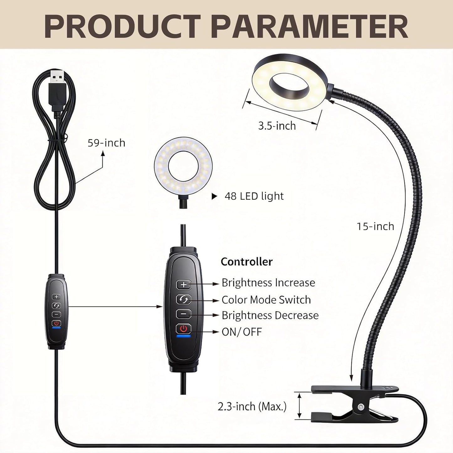 LED Clip On Book Light Desk Lamp with 3 Color Modes,10 Brightness Levels Flexible Arm Night Light,USB Powered Eye-Care Bedside Reading Light for Kids Books in Bed, Table Lamp for Home Office Dorm