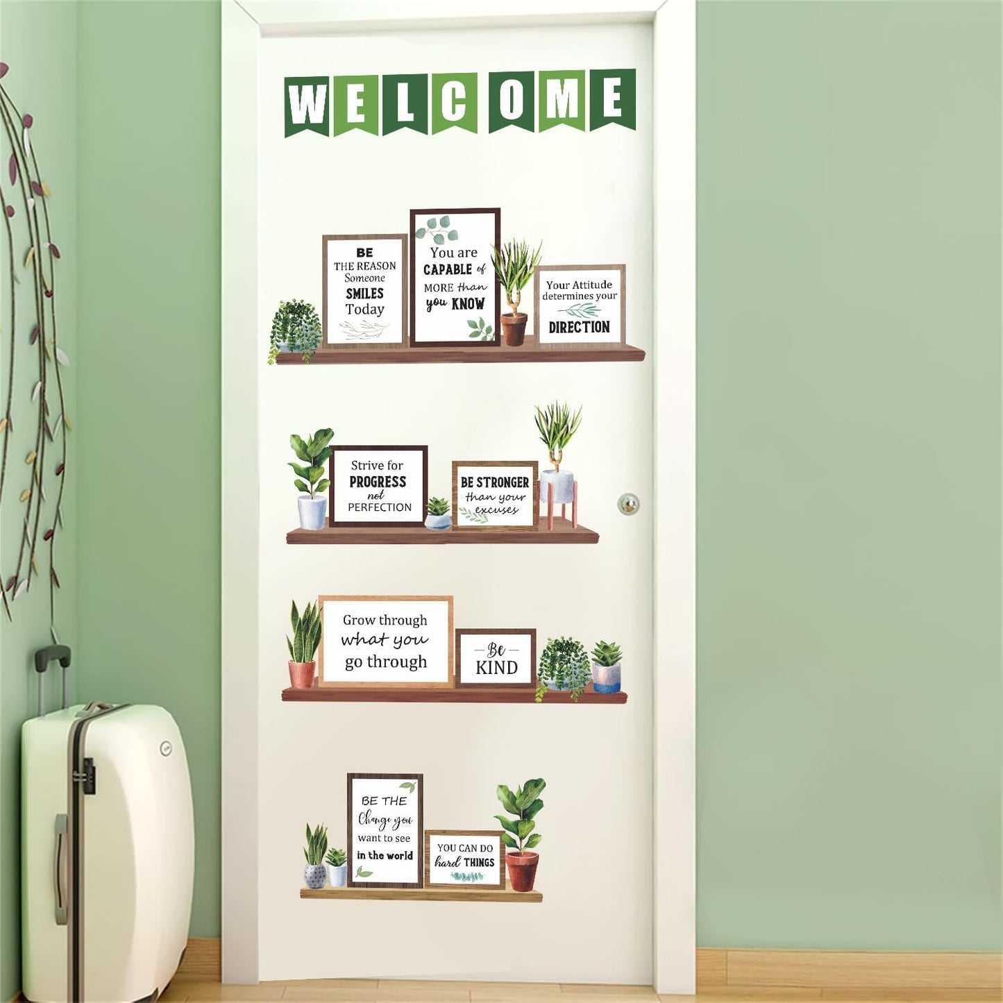 TOARTi Green Plants Wall Decals Motivational Classroom Wall Stickers Potted Plant Bookshelf Bulletin Board Decals Inspirational Quote Back to School Decoration