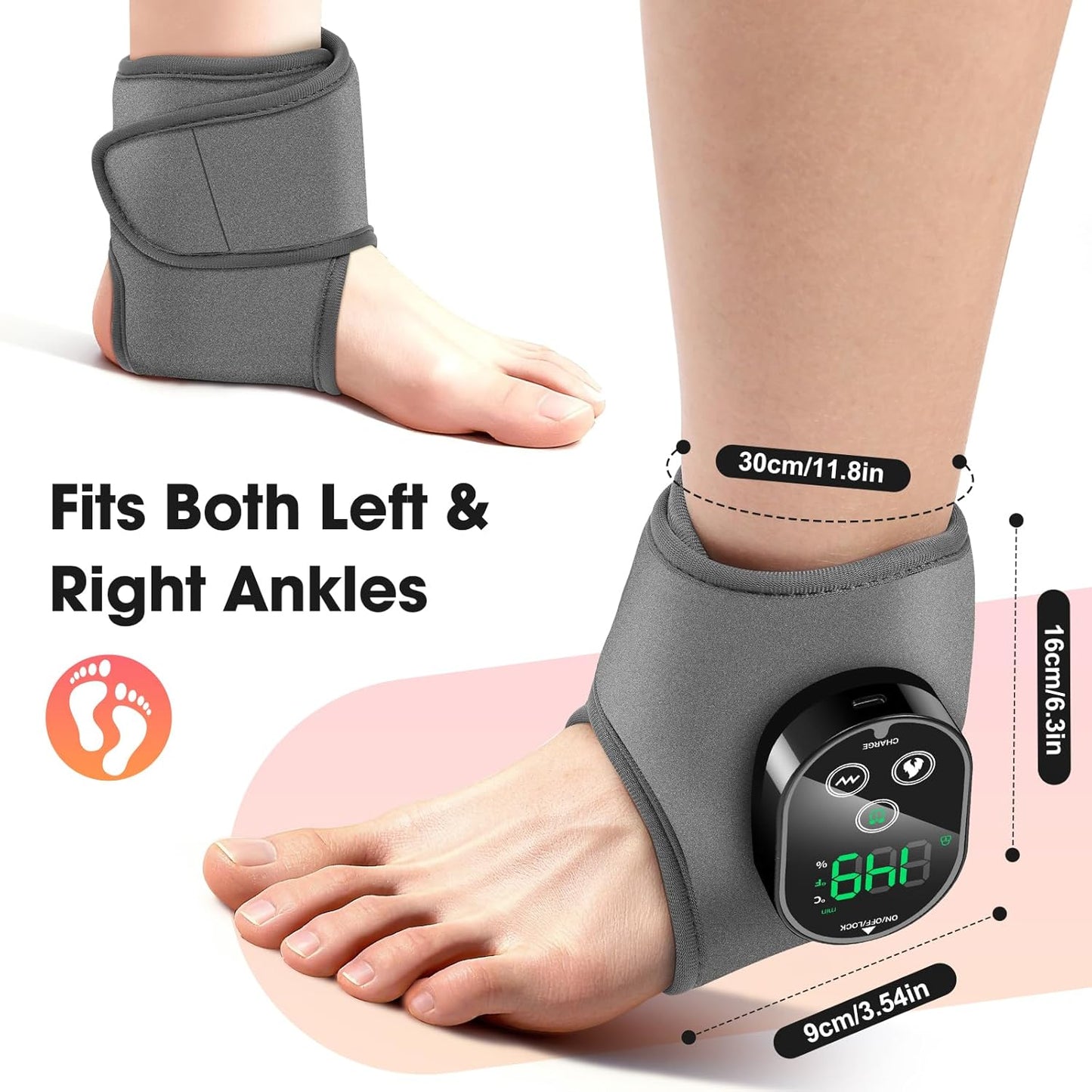 Cordless Ankle Massager for Pain Relief, Ankle Relief Heating Pad, Heated Ankle Massager, Foot Heating Pad, Heated Foot Massager, 4 Heat & 3 Massage Modes, Single One, Grey