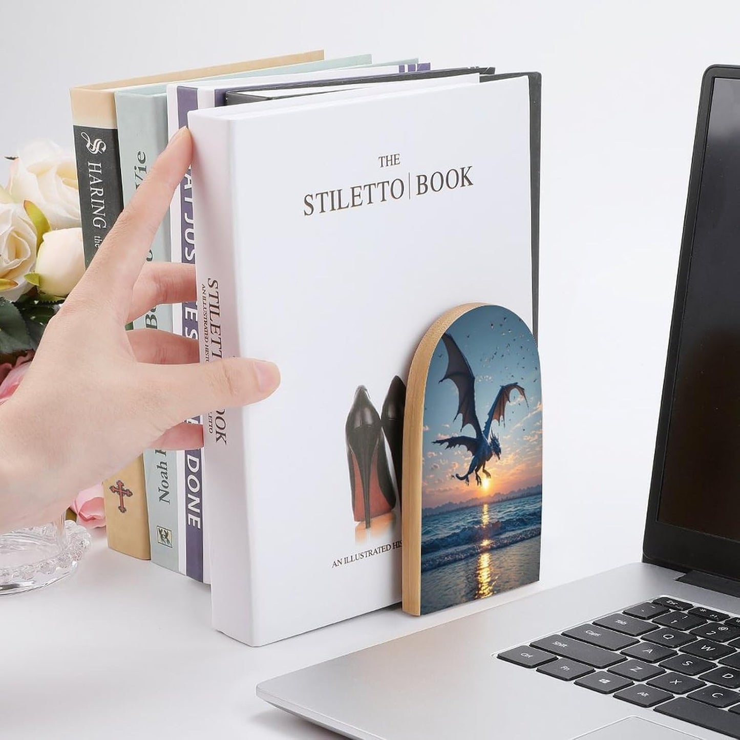 Sea Sunset Flying Dragon Bookends 1 Pair Heavy Duty Book Ends for Shelves Non-Skid Bookend Supports Wooden Book Holders with Metal Base Desk Organizers Books Storage to Hold Books
