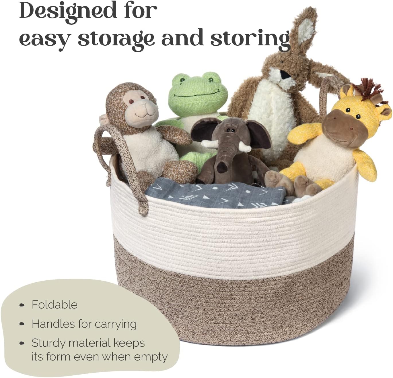 Luxury Little XXXL Nursery Storage Basket, 22 x 22 x 14 inches - 100% Cotton Rope Baskets with Handles, Laundry Basket for Toys, Blankets and Pillows - Off White & Beige