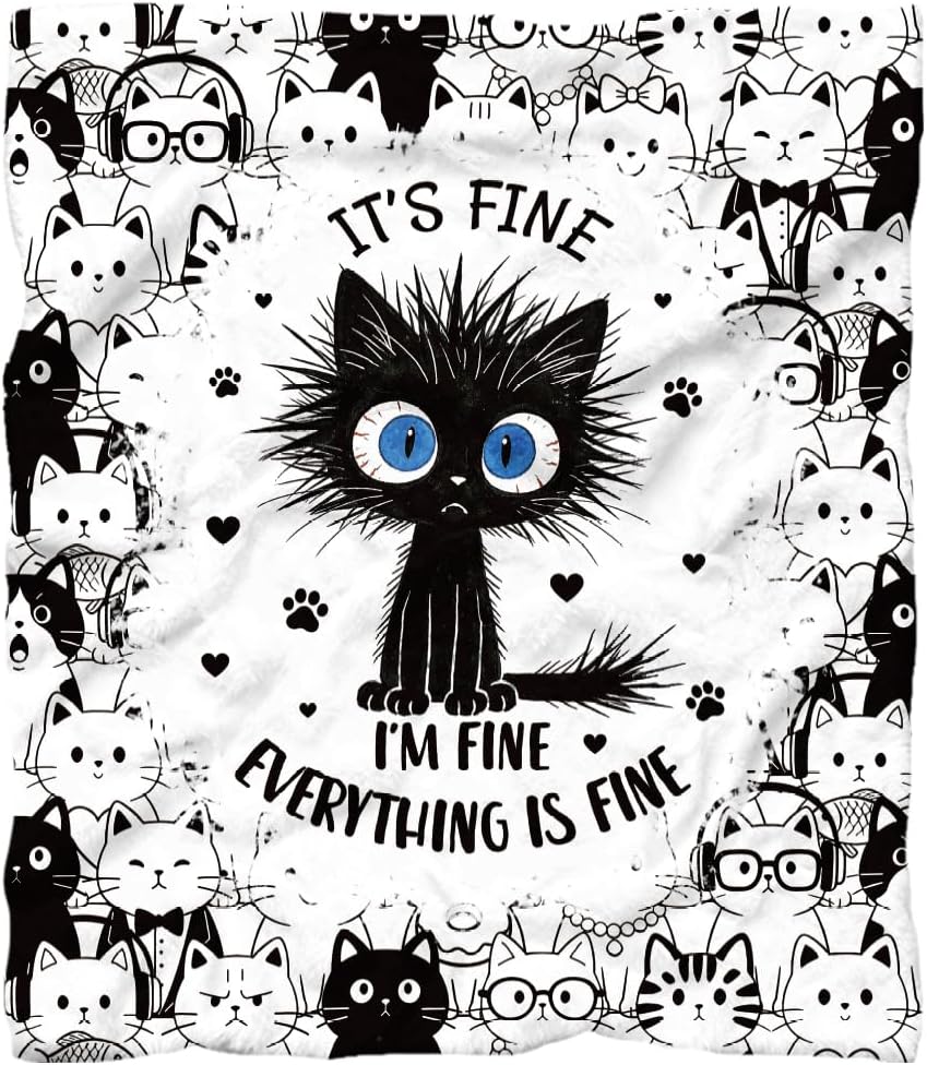 WADORN Funny Cat Throw Blanket, Cozy Soft Cute It’s Fine Kitten Throw Blanket Fuzzy 500GSM Flannel Fleece Blankets Plush Cats Lover Gift for Woman Office Living Room Sofa Bed Couch Chairs, 59x51 Inch