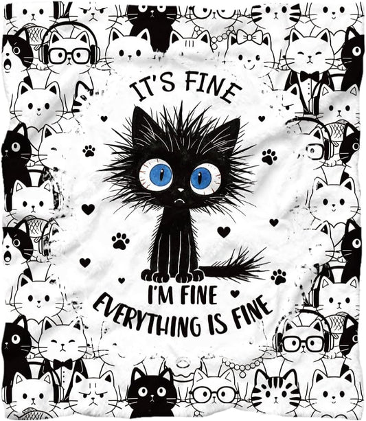 WADORN Funny Cat Throw Blanket, Cozy Soft Cute It’s Fine Kitten Throw Blanket Fuzzy 500GSM Flannel Fleece Blankets Plush Cats Lover Gift for Woman Office Living Room Sofa Bed Couch Chairs, 59x51 Inch