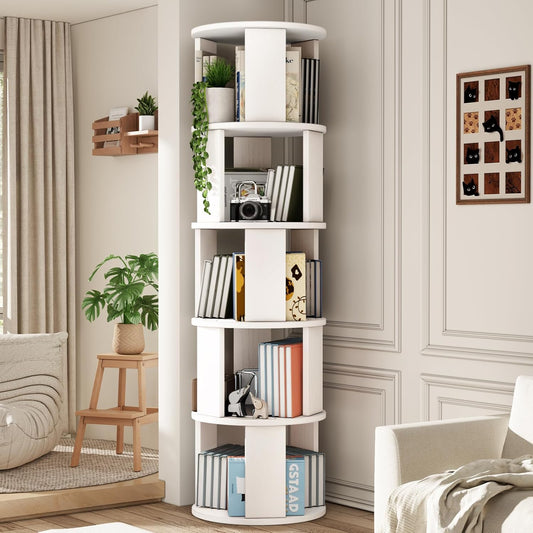5 Tier Rotating Bookshelf Tower, 360° Display Round Bookcase, Floor Standing Corner Revolving Bookshelf Organizer Storage Rack for Home Study Office, White