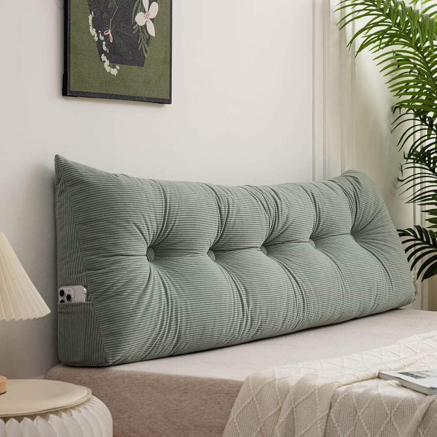 Triangular Headboard Pillow Twin XL Dorm Soft Orange Bolster Bed Wedge Pillows for Headboard Gap Large Daybed Cushion with Side Pockets (Aque Green, Full ：47x16in)