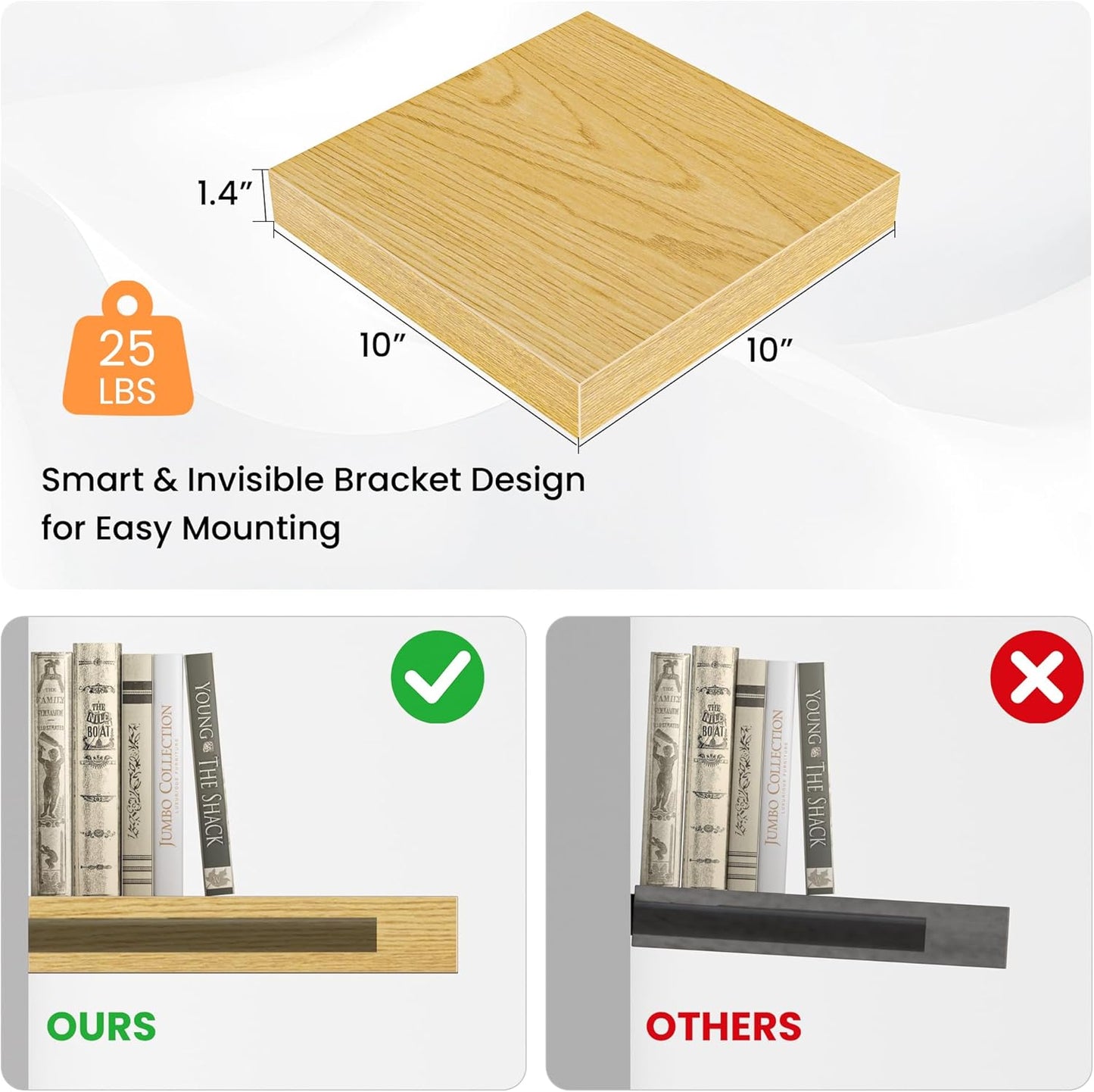 Square Floating Shelves for Wall, 10" W x 10" D x 1.4" H, Small Wooden Wall Mounted Display Shelves with Invisible Brackets for Living Room, Bedroom, Bathroom, Kitchen Decor, Set of 4, Oak