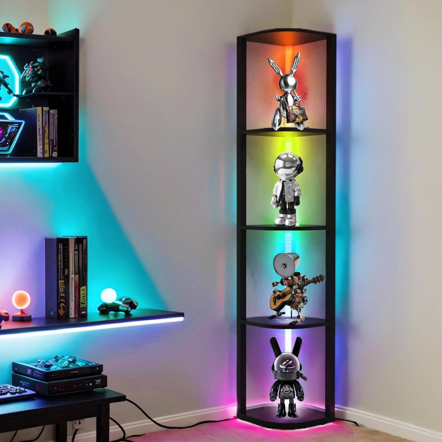 5 Tiers LED Corner Shelf ,65" Stand Floor Lamps for Collectibles , Corner Bookshelf Cabinet Display Shelves with Multiple Color Lights via APP and Remote Control for Living Room Bedroom Home