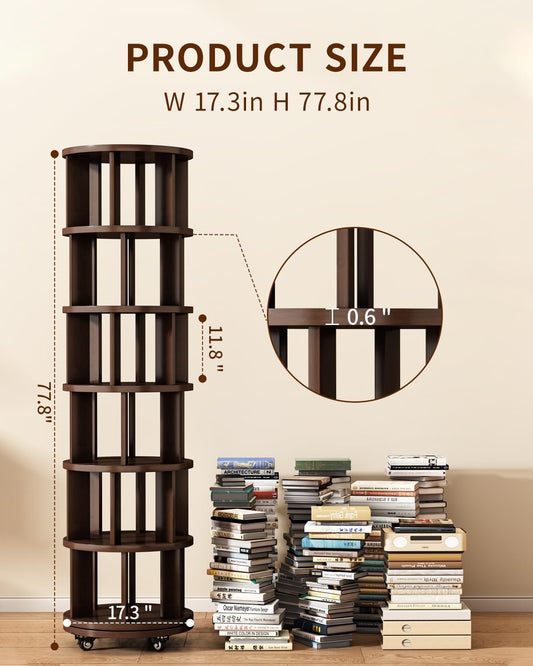Saifu 6 Tier Wood Rotating Bookshelf on Wheels,Round Revolving Bookcase,360° Spinning Book Shelf Tower,Rolling Bookshelves for Small Space, Corner, Bedroom, Kids Room,Office, Walnut