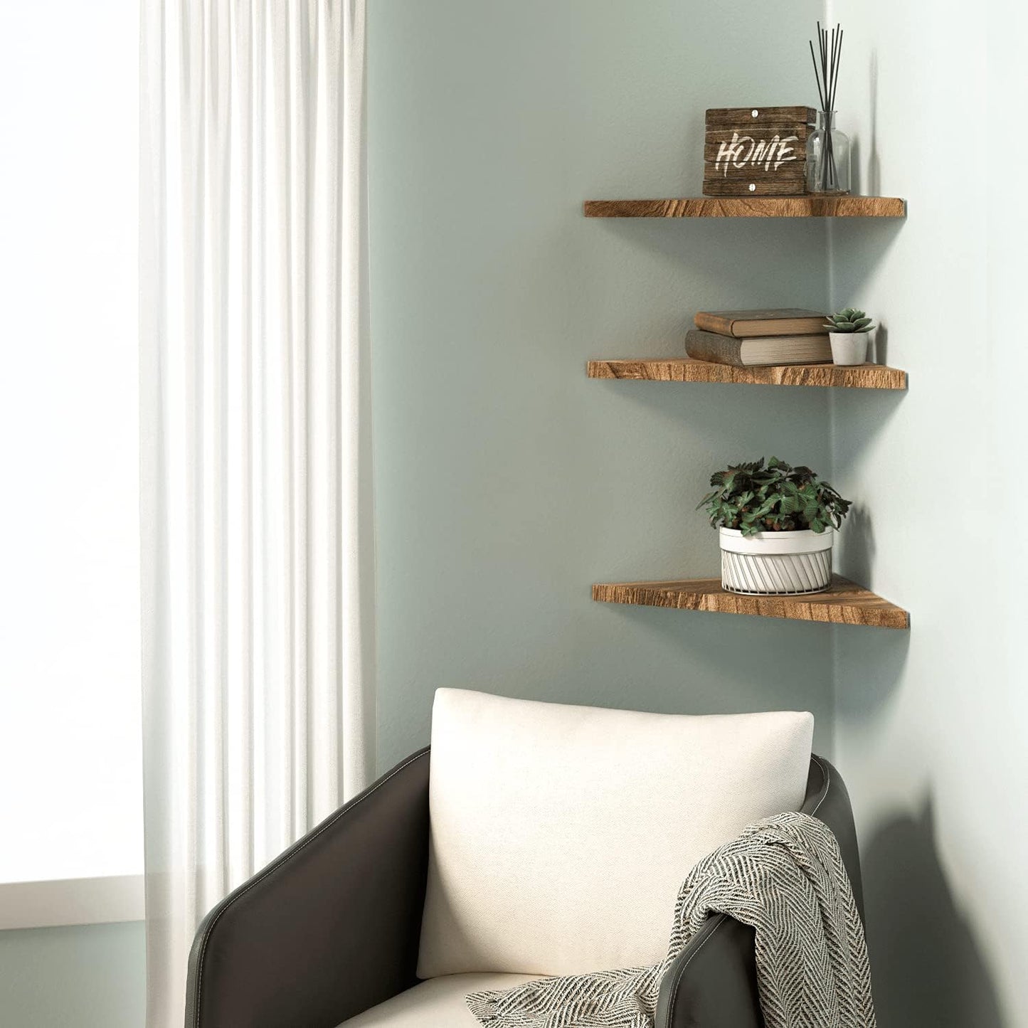 Wall Mounted Rustic Wood Straight Edge Corner Shelf Storage Rack, Bookcase, Floating Shelves Home Decor for Bedroom, Living Room, Office and Kitchen, Set of 3 (Straight Edge)