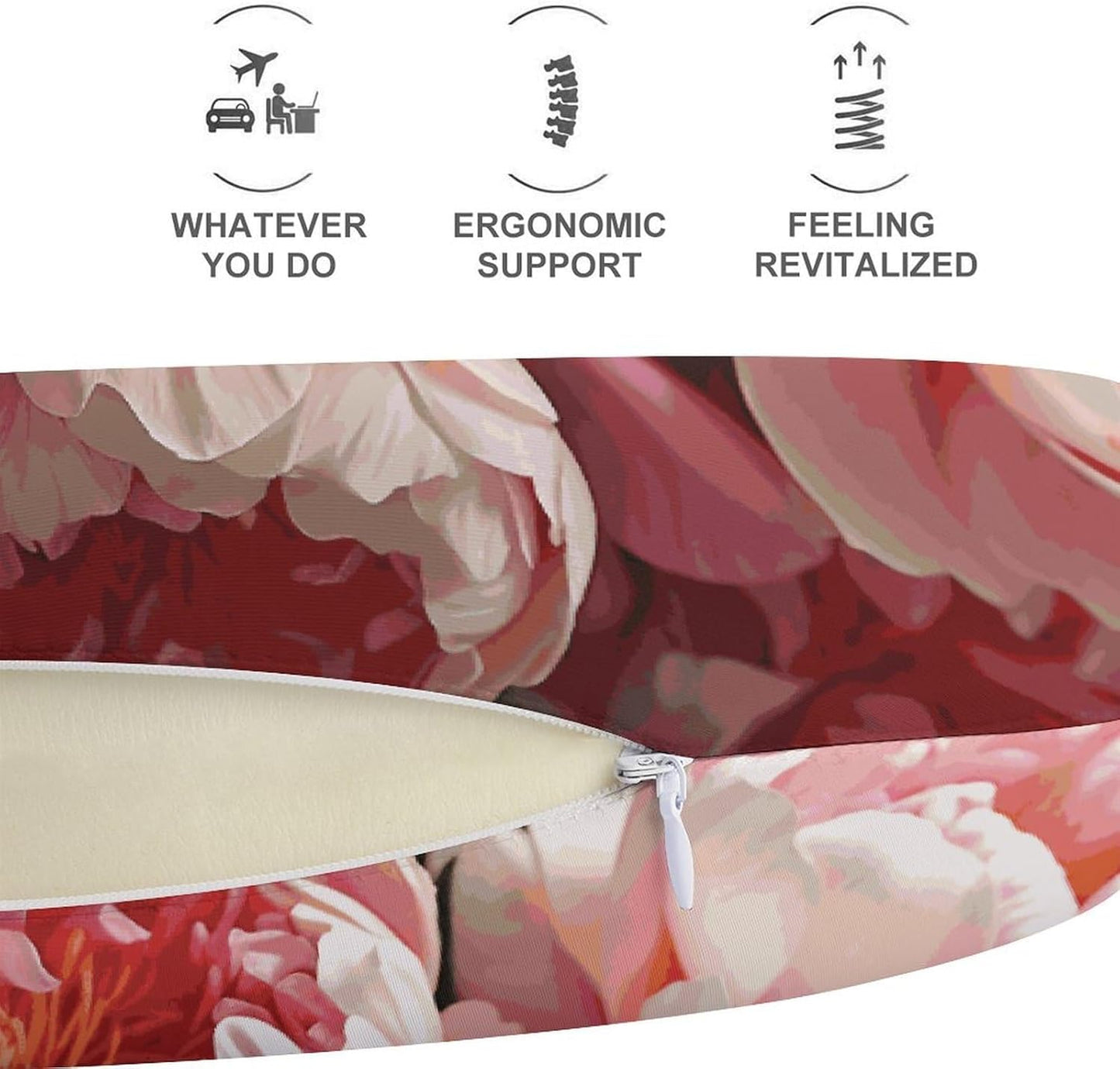 Peony Flowers Blossom Neck Pillow Memory Foam U Shaped Pillows Portable Pillows for Shoulder Travel Head Support Pillow with Concealed Zipper for Airplane Car Home Office