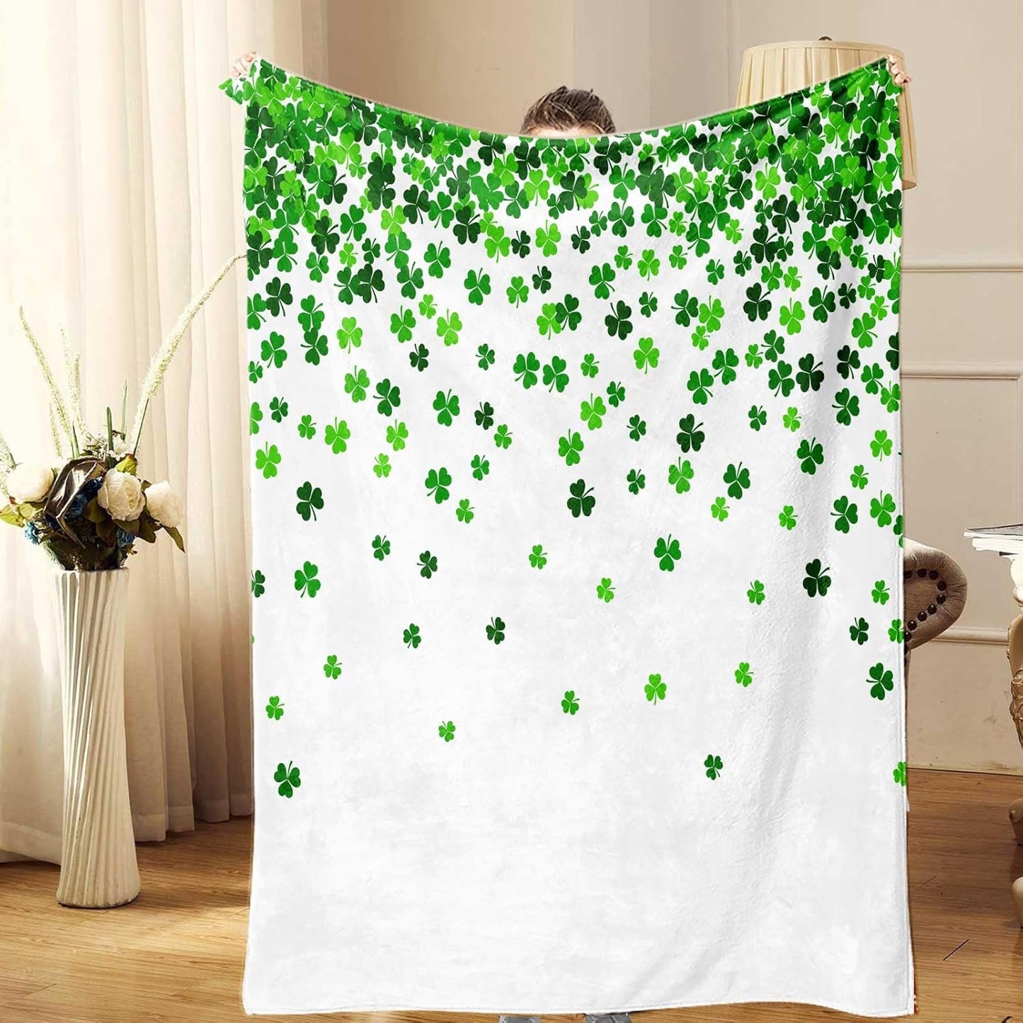 St Patricks Day Throw Blanket Soft Fleece Throw Blankets for Couch, Saint Patrick Microfiber Bed Blanket, Green Clover Shamrock Spring Blankets for Bed Sofa Chair 50x60inch
