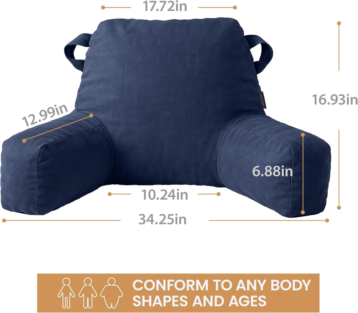 Portable Comfy Reading Pillows for Bed Sitting Up(Royal Blue Oeko-Tex), Velvet Back Pillow with Arms & Pockets for Adults, Support Memory Foam Bed Pillow for Dorm/Reading/Watching/Gaming