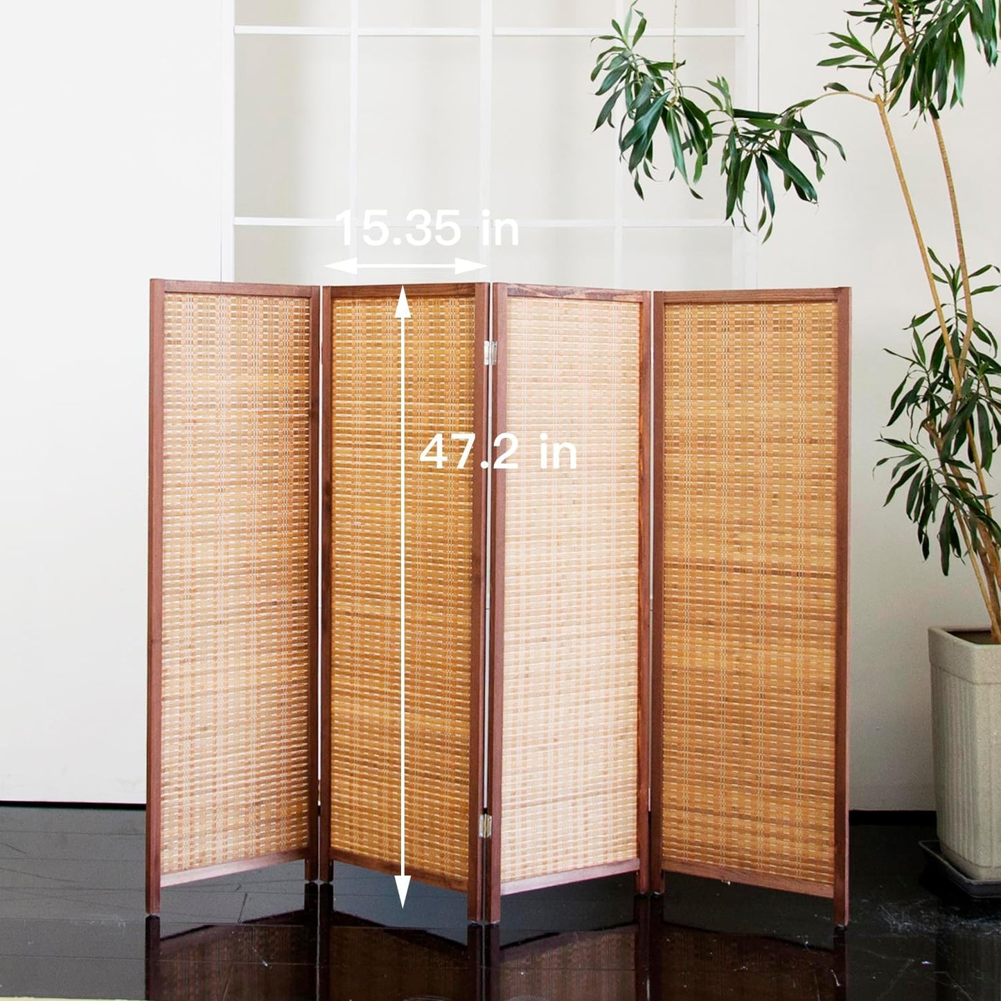 4 Panel Short Room Divider – 3.9 ft Tall Double-Side Folding Privacy Screen, Natural Brown Bamboo Partition Wall for Home Office, Living Room & Corner Spaces
