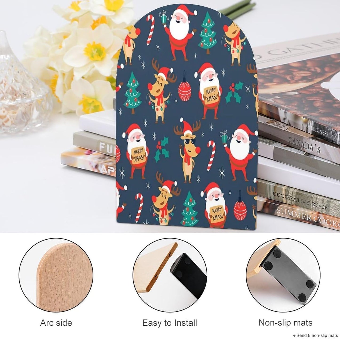 Santa Claus Christmas Wooden Bookend Non-Slip Book Ends Heavy Duty Book Stopper with Metal Base Books Holderd Decorative Bookends Stands Firmly for Office Supplies