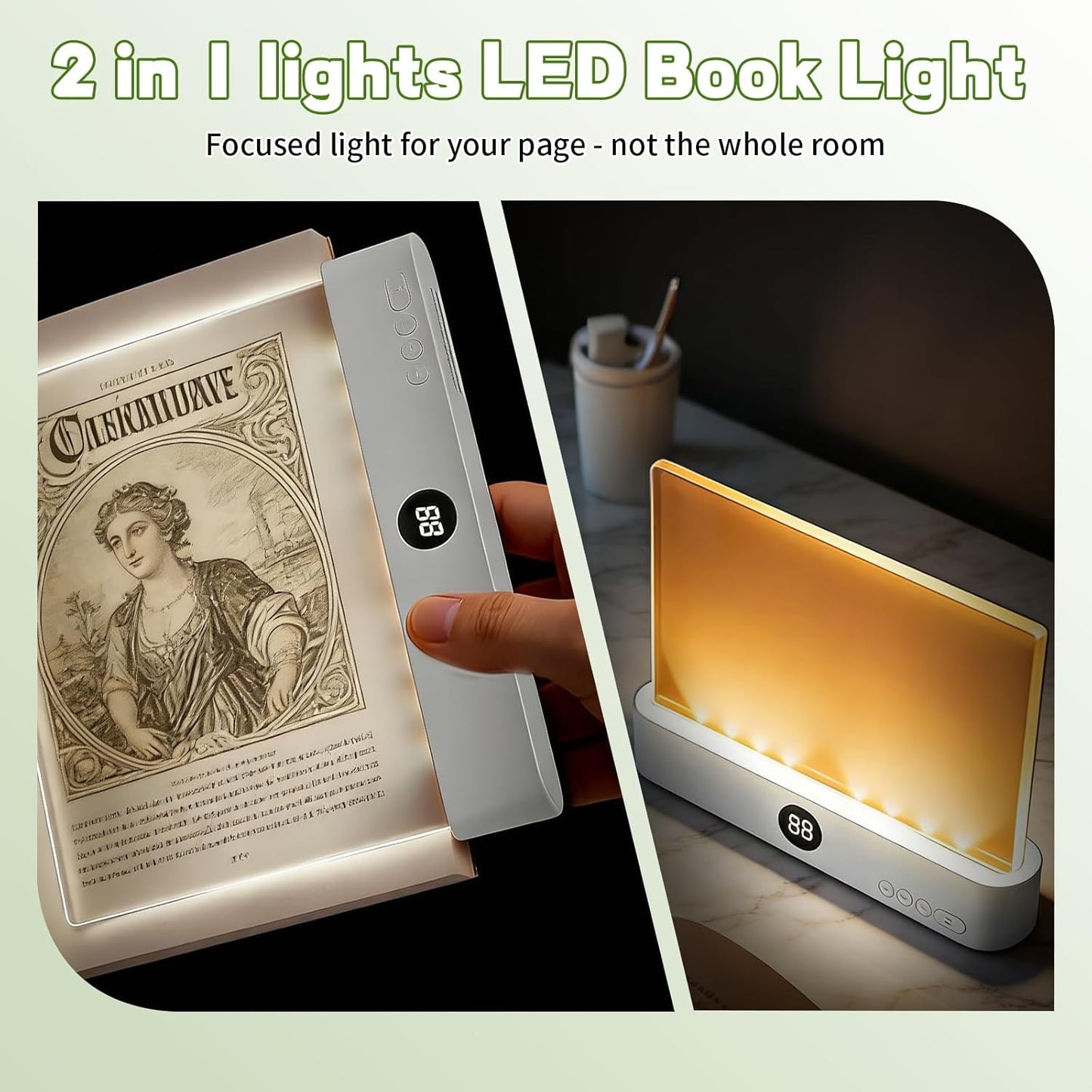Book Light, Rechargeable Clear LED Flat Book Lights with 3 Colors & Timer, USB Rechargeable Reading Light, Dimmable Panel Plate Lamp Book Full Page Light, Funny Gifts for Readers Kids Women Men(White)