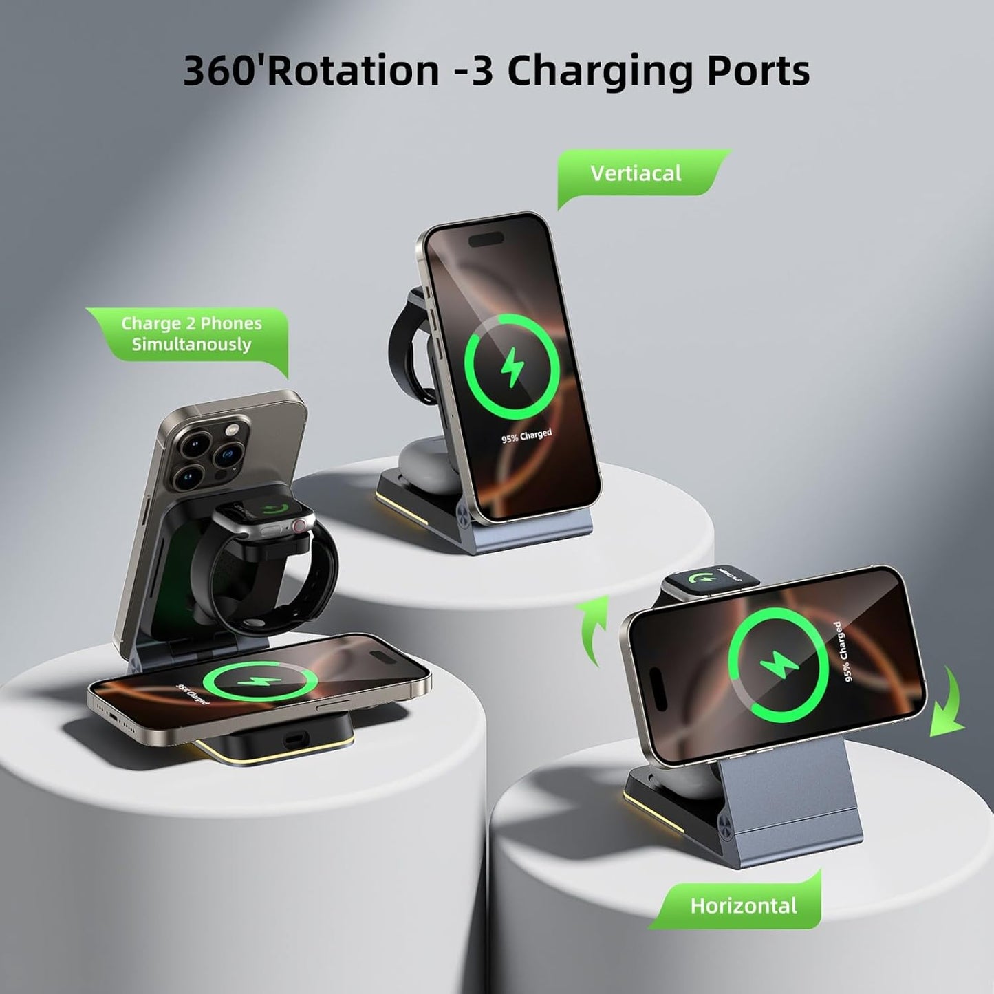 Foldable Wireless Charger 3 in 1 - Magnetic Wireless Charging Station for Apple Magsafe Charger Stand with Light,Aluminum Portable Travel Charger Dock for iPhone 17/16/15/14/13/12,Apple Watch,AirPods