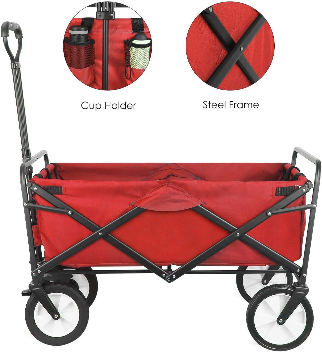 Collapsible Folding Outdoor Utility Wagon, Heavy Duty Garden Cart with Wheel Brakes and 2 Cup Holders, for Shopping,Picnic (Green) (Red)
