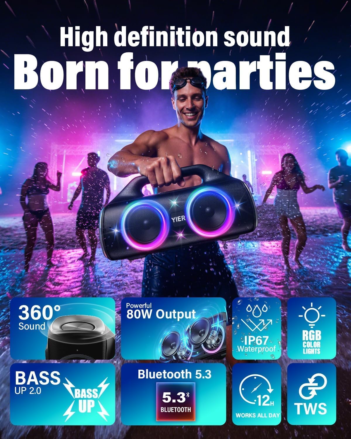Speakers, 80w (Peak) Portable Wireless Speaker with Lights, Stereo Loud Sound, IP67 Waterproof, Deep Bass Outdoor Speakers Bluetooth 5.3 Dual Pairing for Home Party Beach Camping, Gifts