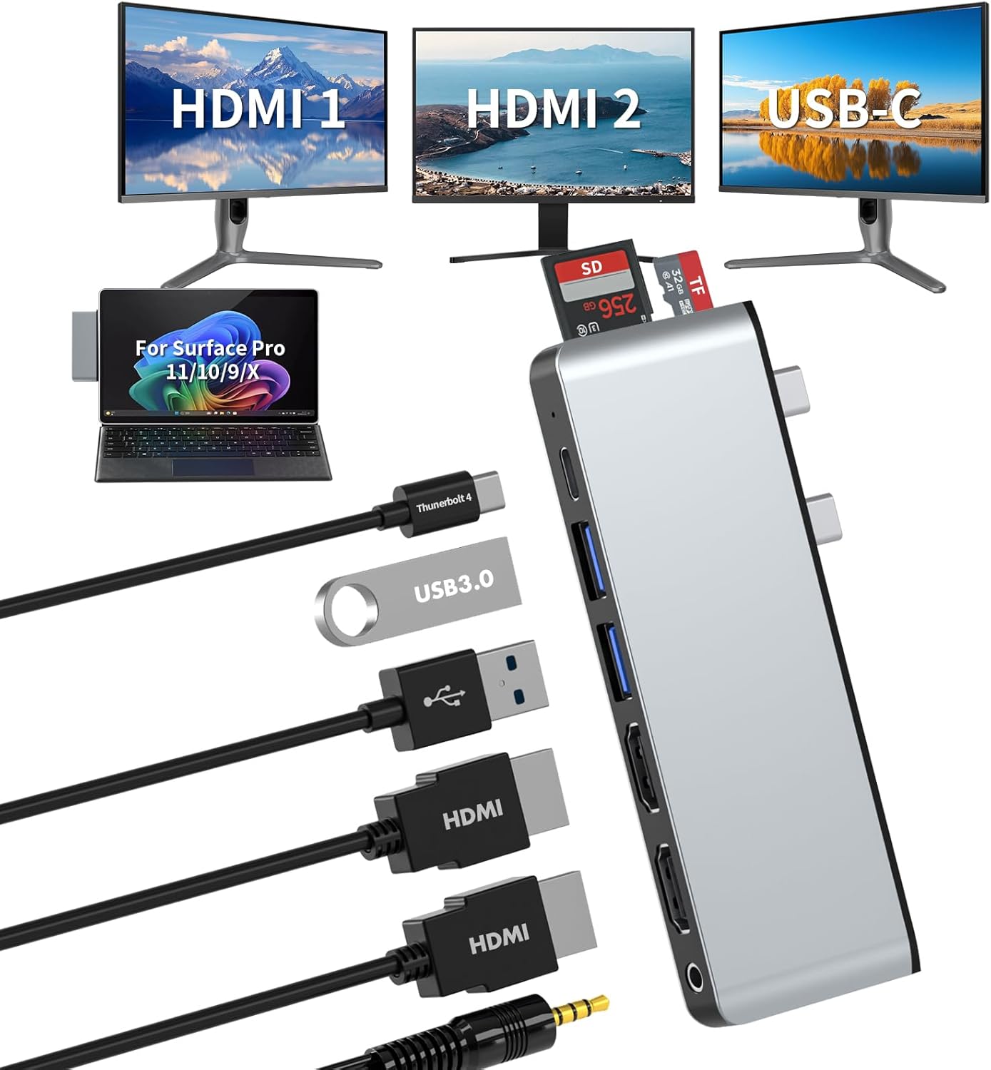 Surface Pro 11 Accessories Docking Station with Dual 4K@60Hz HDMI, USB-C Thunerbolt 4 (Display+Data+100W Charging), 2 USB 3.0, SD/TF, 3.5mm Mic, USB C Hub Adapter for Surface Pro 11/10/9/X