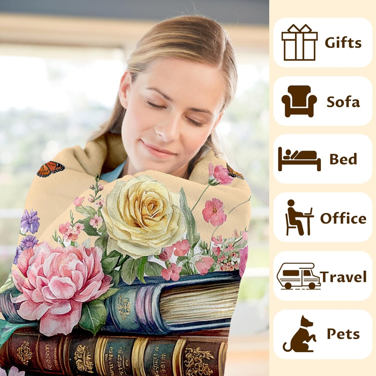 Girls Book Blanket for Daughter Mom, Floral Throw Blankets 40x50 Inches Lightweight Soft Cozy Reading Throw for Sofa Couch Bed Home Decor