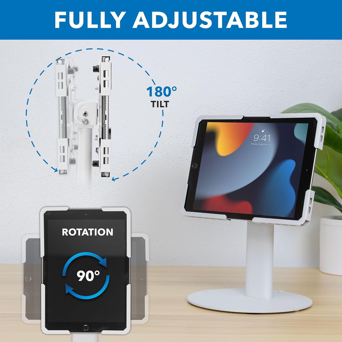 Mount-It! Universal Tablet Stand with Tilt, Anti-Theft Retail iPad POS Kiosk Stand, Fits 9.7"–13.1" Tablets, 90° Rotation & 180° Tilt, 20 lb Capacity, Steel Countertop Mount, White