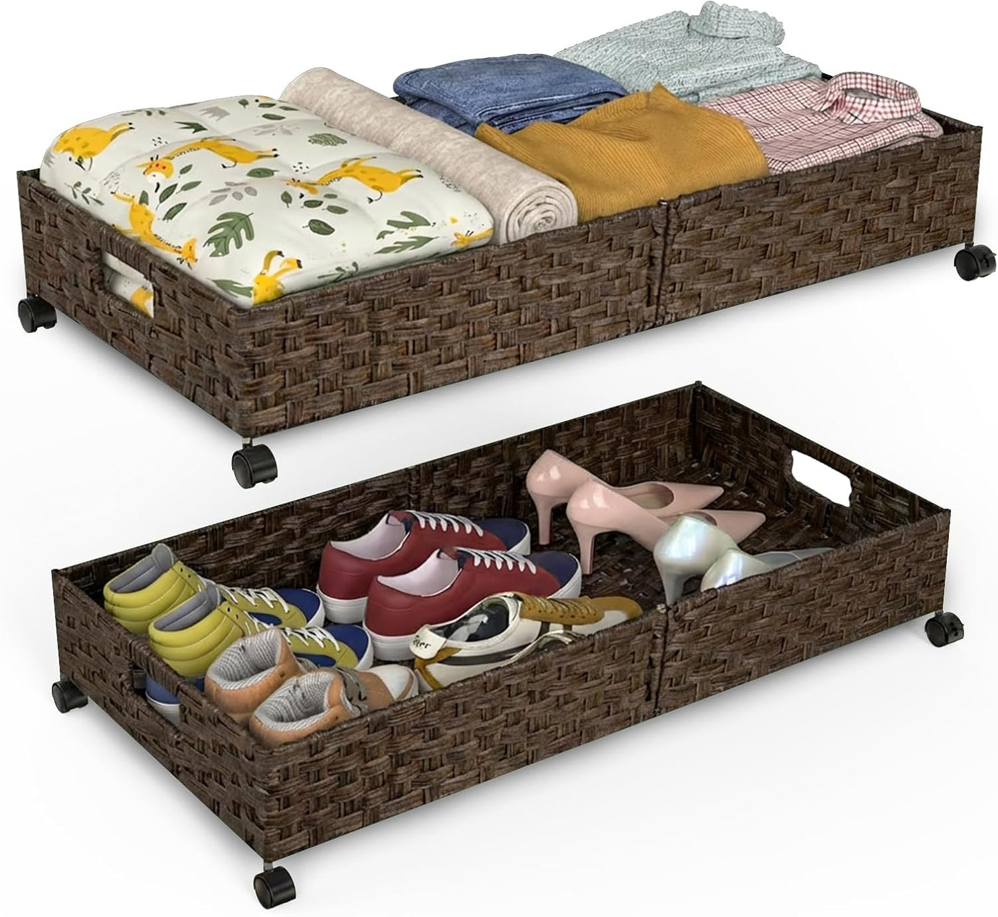 Under Bed Storage with Wheels, 40L Large Rolling Underbed Shoes Storage Boxs, Handwoven Rattan Under Bed Storage Organizer Drawers Containers for Clothes,Books,Toys,Brown(31.5 x 15.75 x 6.3 In)