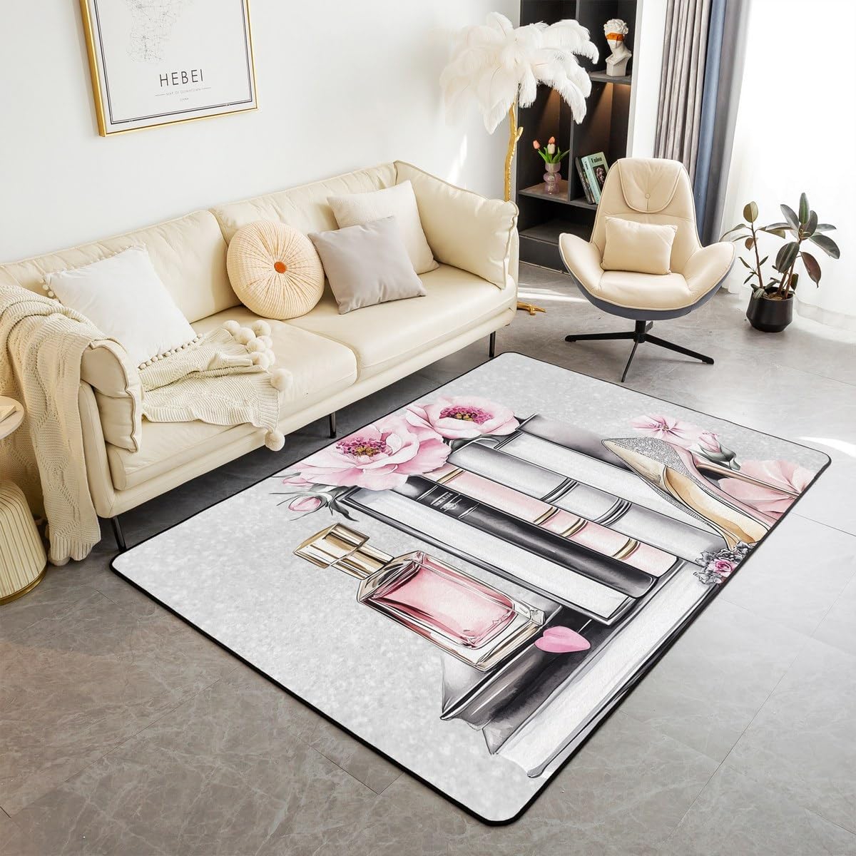 Erosebridal Pink Girly Carpet 4'11" x 3'3" Silver Fashion Decorative Washable Rug Women Girls Gray Pink Flower Perfume Area Rug High Heels Magazine Books Floral Indoor Floor Mat