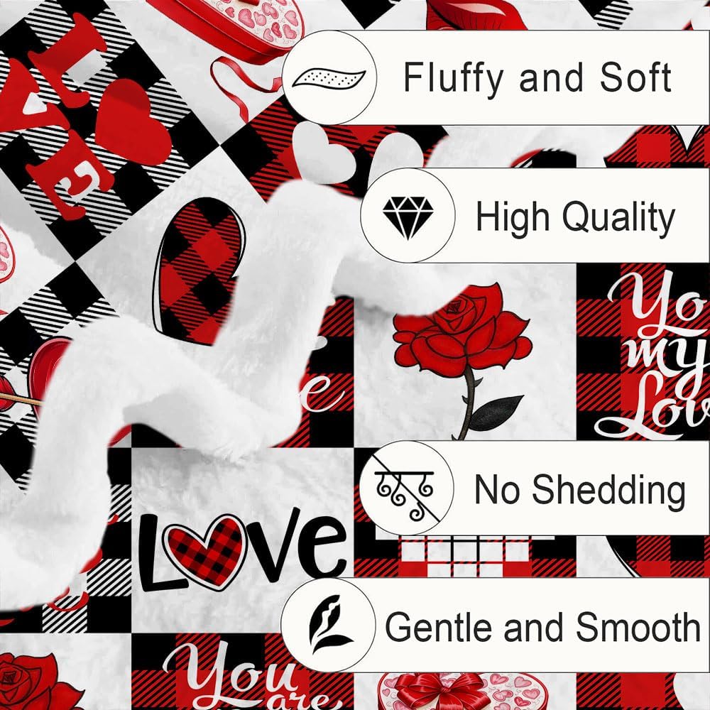 Valentines Day Fleece Throw Blanket, Red Checkered Love Heart Super Soft Fuzzy Cozy Warm Blanket, Romantic Valentine Gift for Her Wife Girlfriend Couple, 50"x60" Decorative Blanket for Couch Bed
