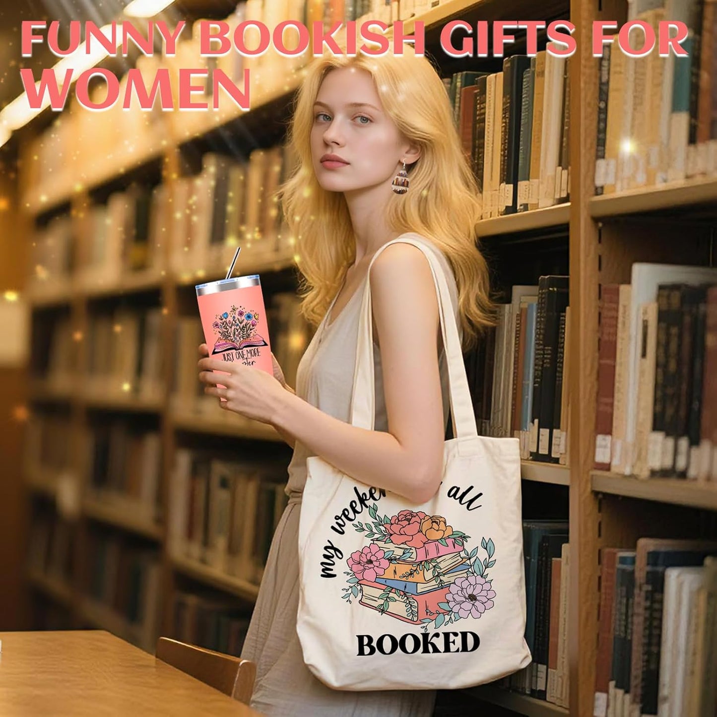 Book Lover Gifts for Women, Bookish Gifts with 20 Oz Tumbler Socks Tote Bag Makeup Bag Page Holder Bookmark Keychain Earrings