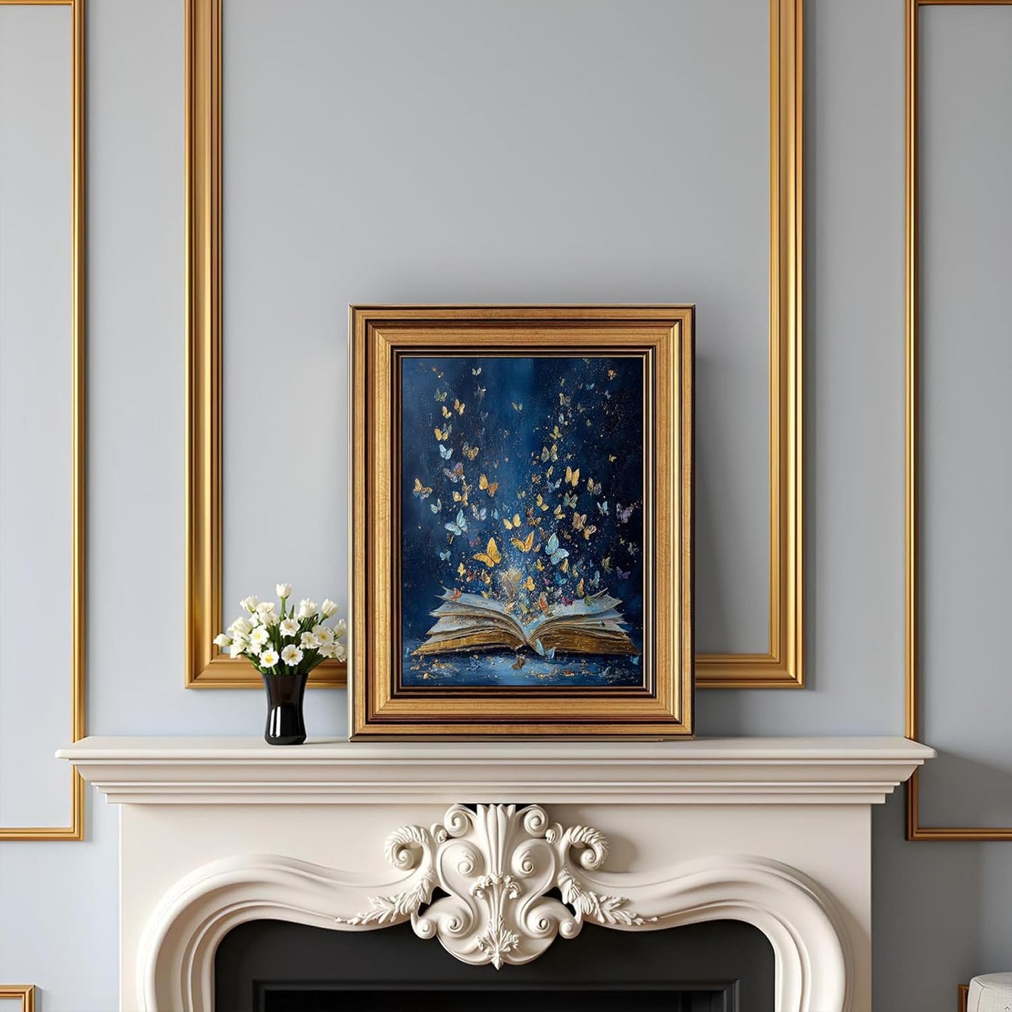 Dougepce 3D Texture Oil Painting,Vintage Gold Framed Wall Art, Classical Bookish Butterfly Paintings,Moody Wall Decor Aesthetic Artwork,Butterfly Emerging From Book Canvas Prints Picture, 12" × 16"