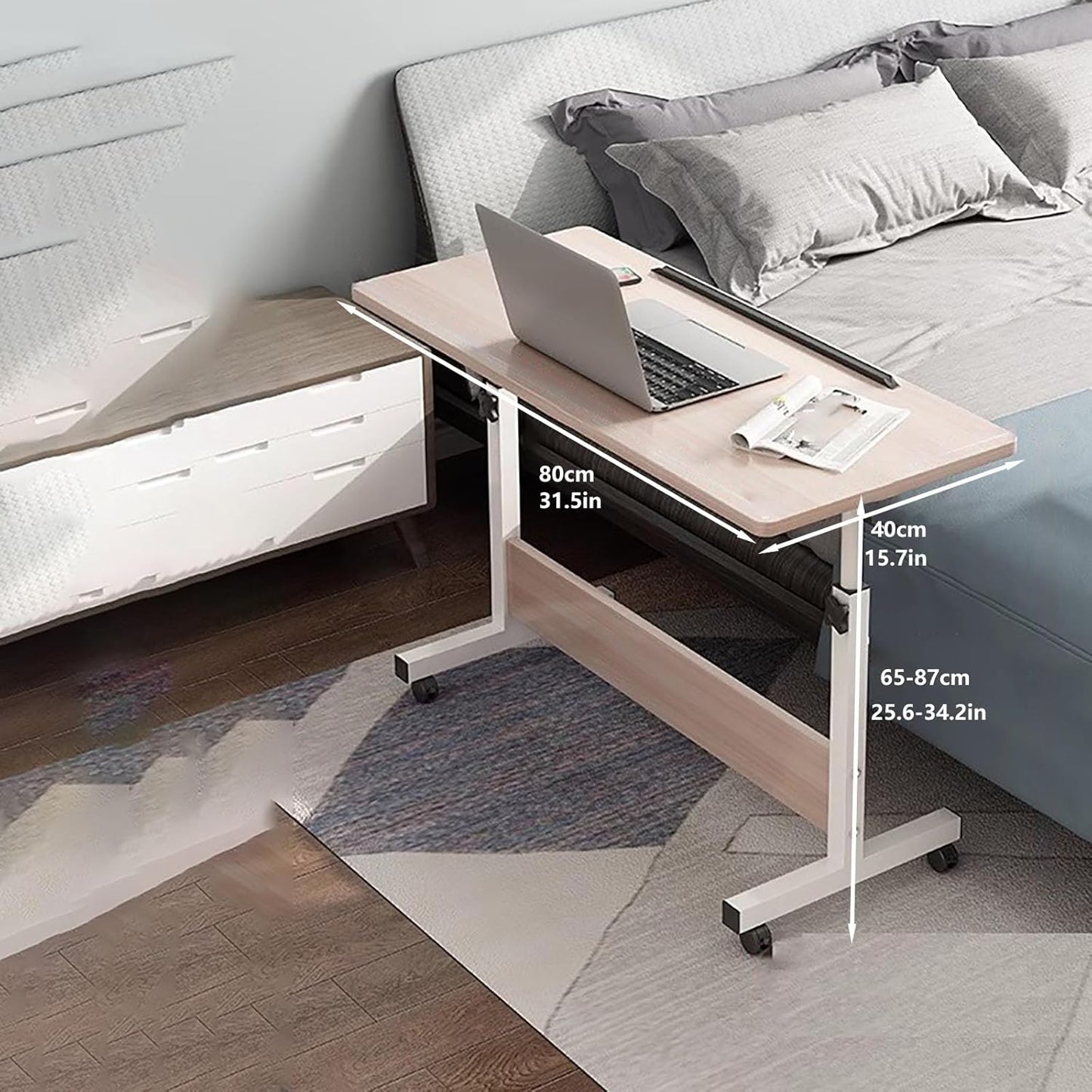 Over Bed Table w/Heavy Duty Metal Leg,Rolling Over-The-Bed Laptop Desk,Height Adjustable Overbed Table with Wheels,Height Adjustable,for Eating,Working or Reading.
