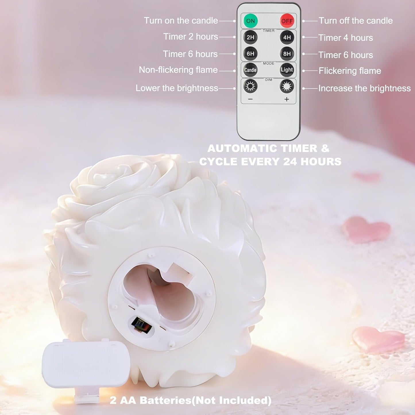 Valentine Day Rose Flameless Candles with Remote and Timer, 2 Pack Flickering LED Candles for Proposal Wedding Anniversary Romantic Night, White