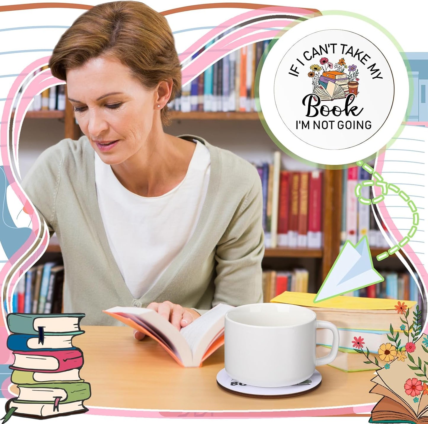 Hushee 8 Pcs Book Lovers Coaster Gifts Wooden Coffee Mug Coaster Favor for Librarian Bookish Merch Bookish Group Library Supplies Decoration Reading Club Favor Book Lovers Gifts(Read)