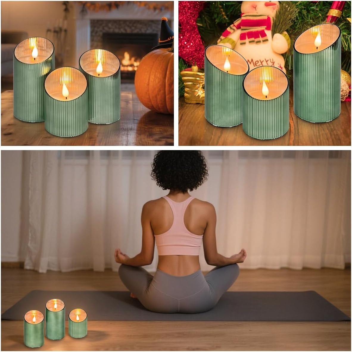 Rechargeable Flameless Candle, Flickering LED Pillar Glass Fake Candle with Remote and Timer, Built-in Battery Real Wax Electronic Candle for Room Decoration, Set of 3