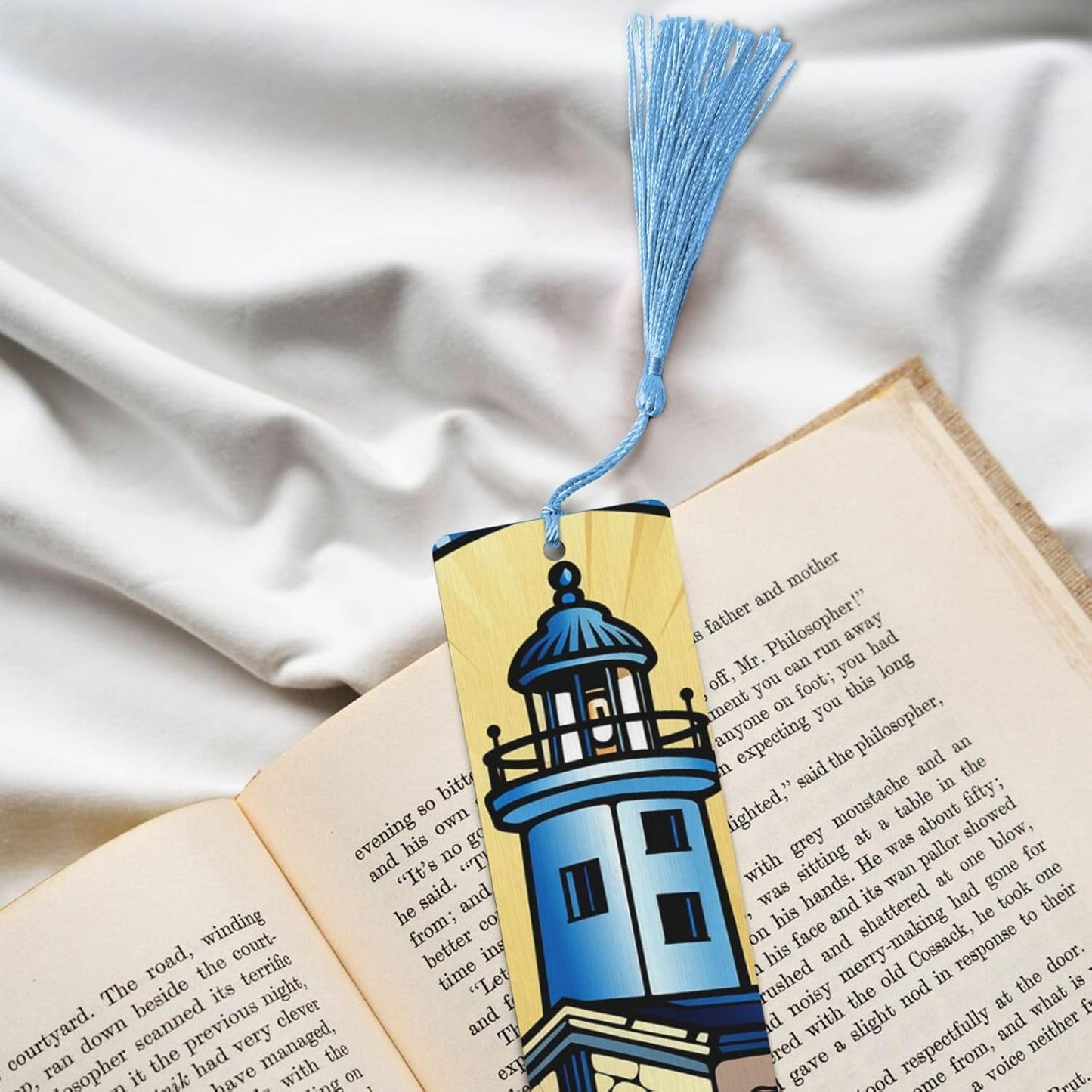 Blue Lighthouse Bookmarks Gifts for Women Men, Wooden Bookmarks for Book Lovers, Vintage Book Marks Ornaments with Tassel, Unique Personalized Reading Page Markers Sky Blue