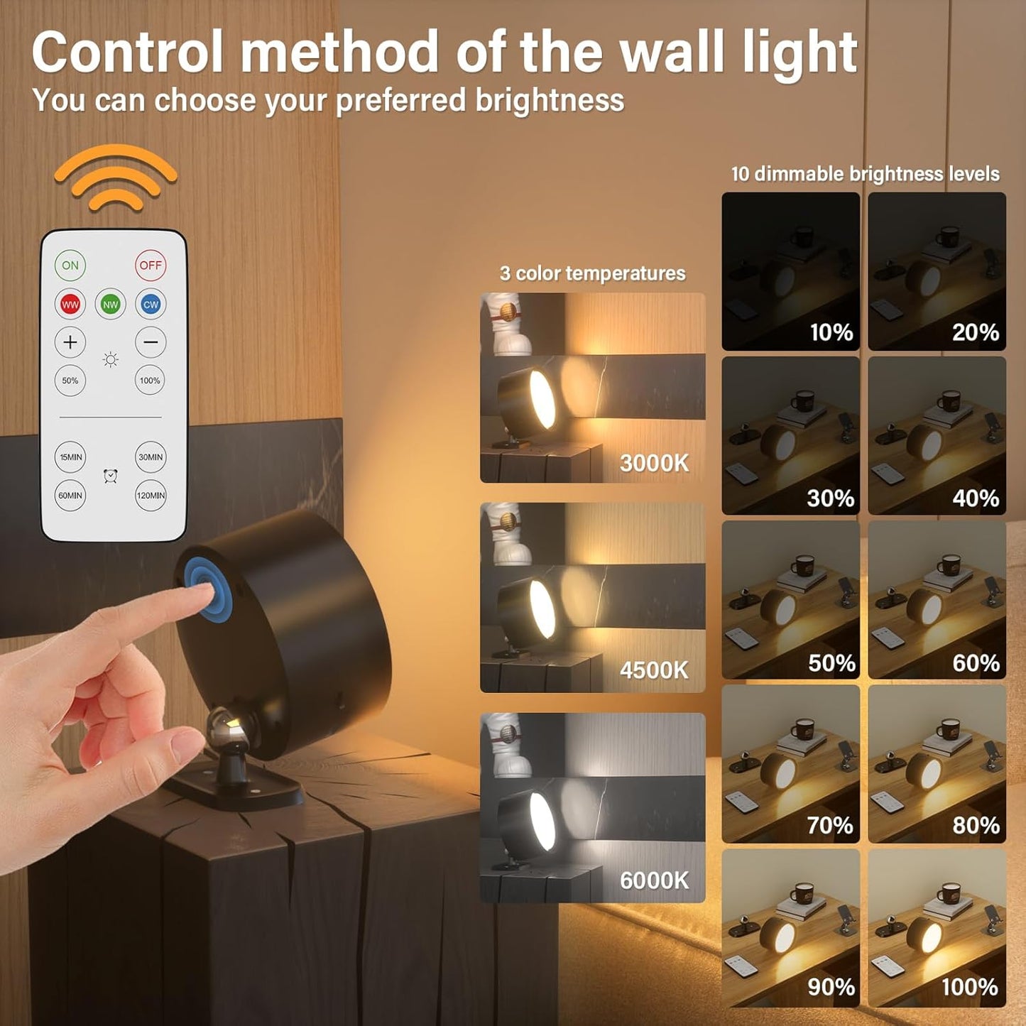 Rechargeable Wall Lights, Battery Operated Wall Light, 3 Color&10 Dimmable LED Wall Mounted Sconce Light Set of 2, Magnetic 360° Rotation Wireless Wall Lamps with Remote for Bedroom, Reading, Picture