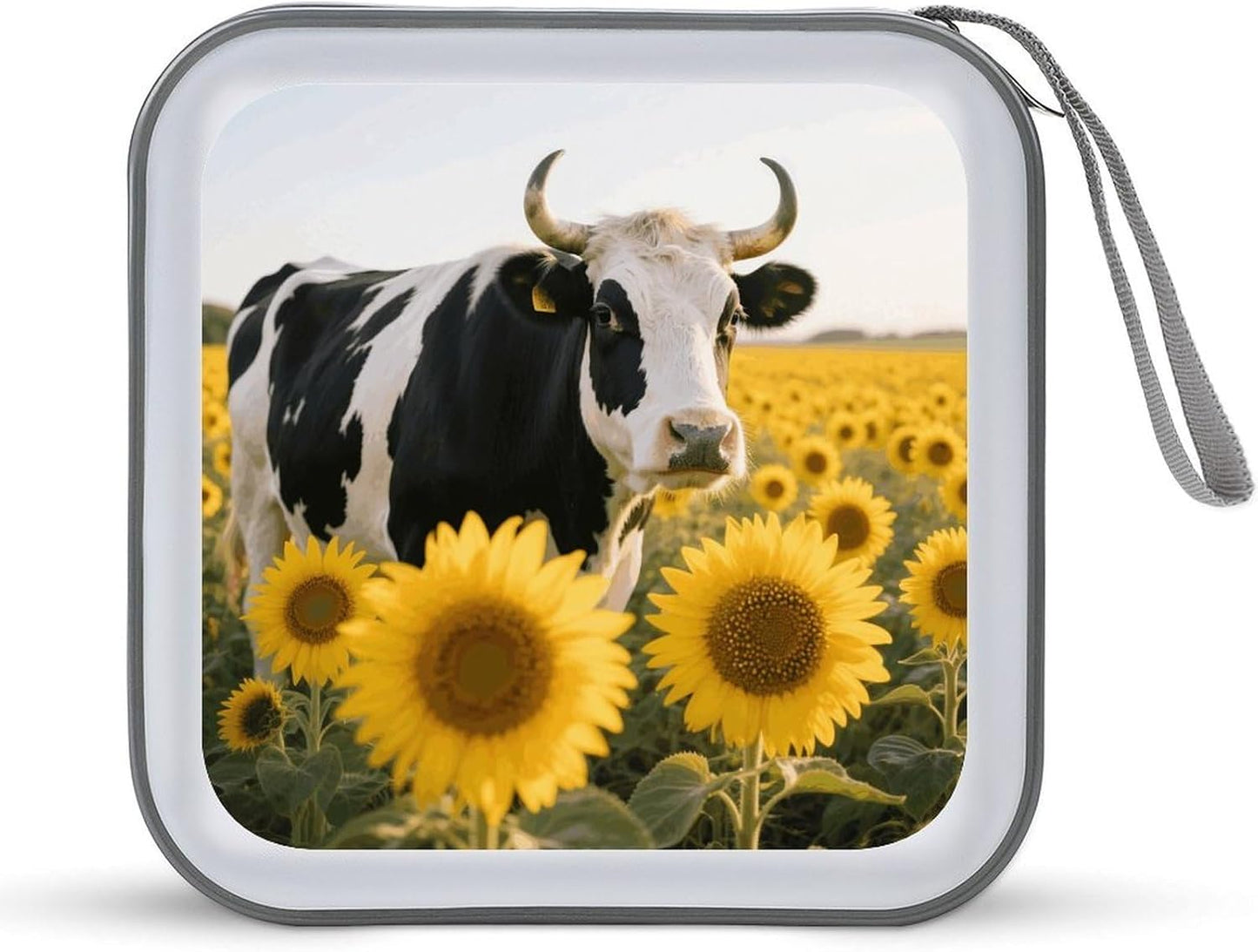 Cow Sunflowers CD Case Portable Zipper CD Case 40 Capacity Hard Plastic DVD Cases Holder Large Storage Disc Wallet Bag for Car Home Travel DVD Collection Bag