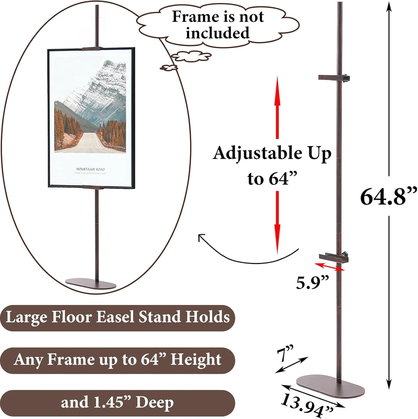Adjustable Easel Stand for Sign, Art Display Stands for Frames up to 64", Metal Heavy Duty Floor Easels for Painting, Antique Tall Picture Easels with Base for Signs Photos Display