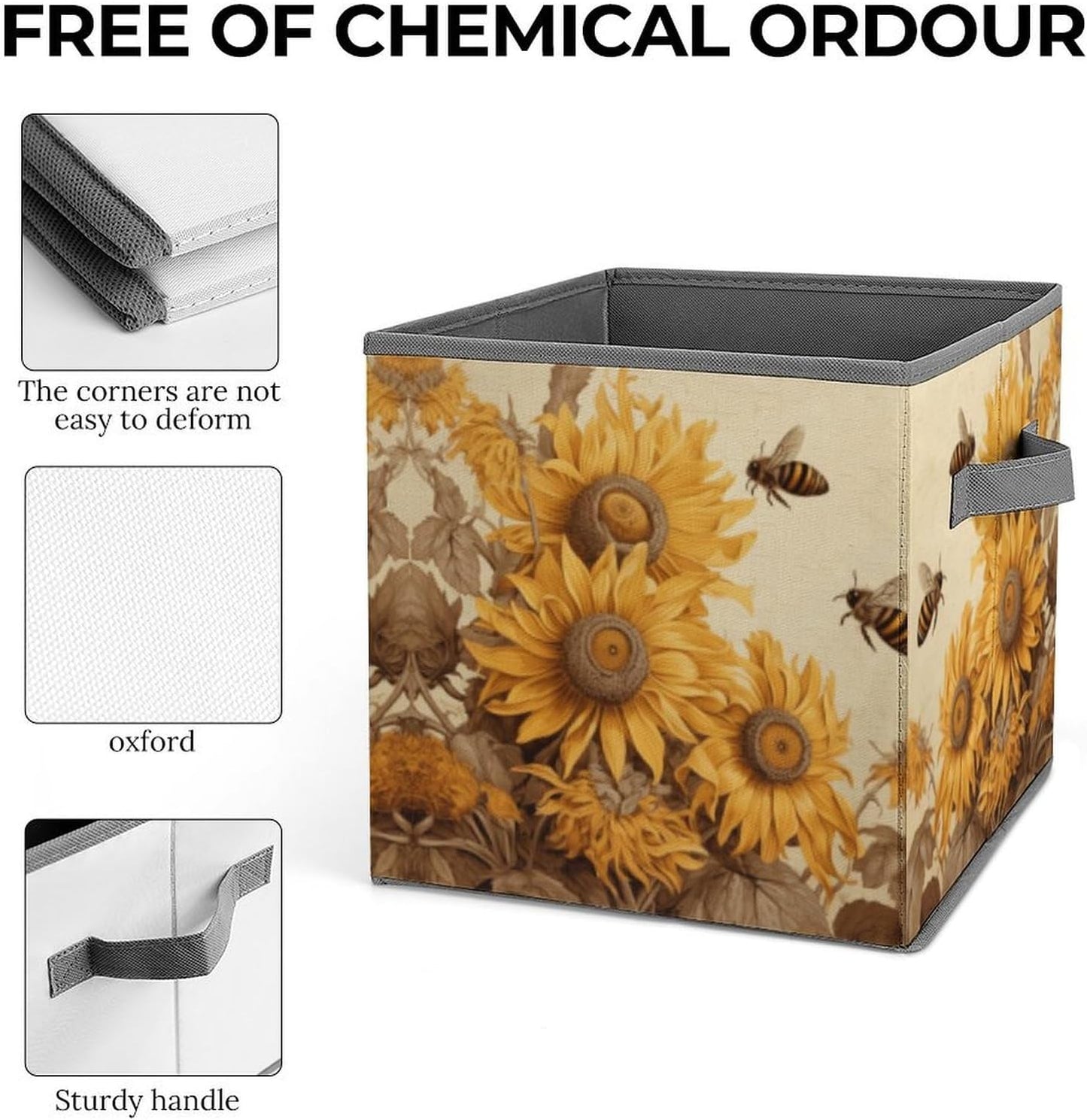 Bees And Sunflowers on Old Paper Storage Bins with Handles Fashion Large Storage Cubes Sturdy Foldable Storage Boxes Space-Saving Storage Baskets for Home Office Clothes Closet Organizers