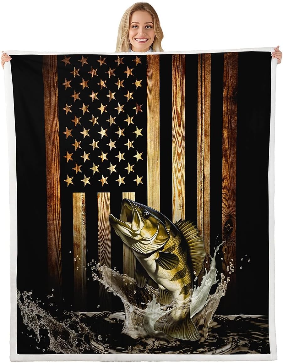 Vintage American Flag Throw Blanket,Men 3D Bass Fish Blankets,Fishing Hunting Fleece Blanket for Kids Boys Adult Room Decor,Rustic Style Black Brown Wooden Stripes Sherpa Blanket,40"×50"