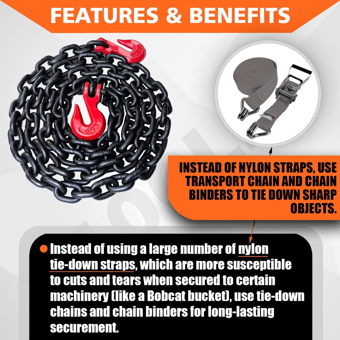 G80 Binder/Safety Chain 3/8 Inch x 10 Foot Transport Binder Chain with Clevis Grab Hooks 7,100 lbs Safe Working Load Logging Chain for Transporting Towing Tie Down Binding Equipment