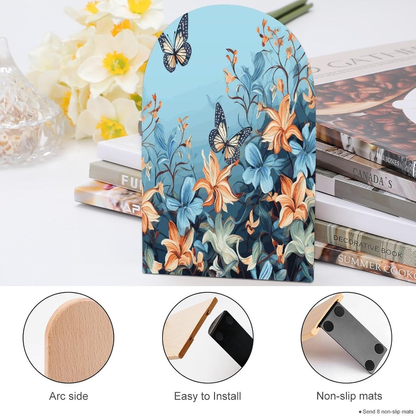 Blue Butterfly Floral Bookend for Shelves Wooden Book End Large Size Sturdy Book Holders Stoppers with Metal Base for Bookshelves Slick Decorative Bookends Stands